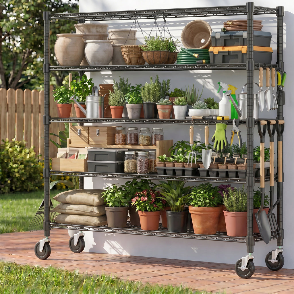 Legooin 5-Tier Heavy Duty Garage Storage Rack Rolling Shelving Unit with Wheels 18x60x82 inch Industrial Wire Shelves, Black