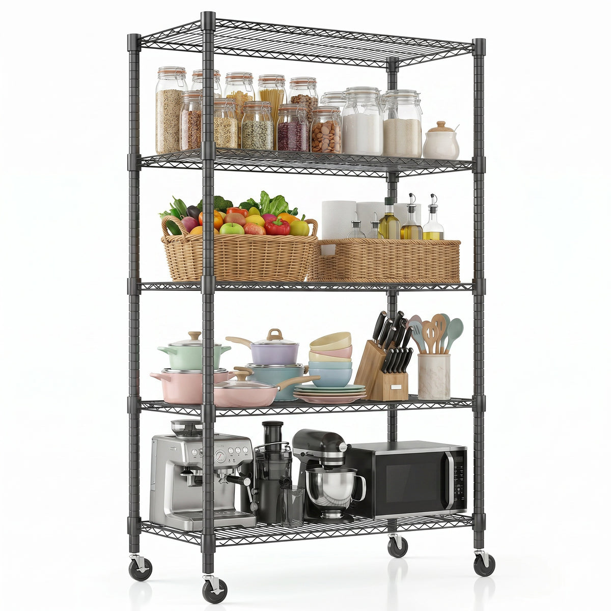 Legooin 36"W x 18"D x 82"H Heavy Duty Storage Shelf Garage Rack with Wheels Adjustable Shelving Unit for Residential Industrial Use, Black