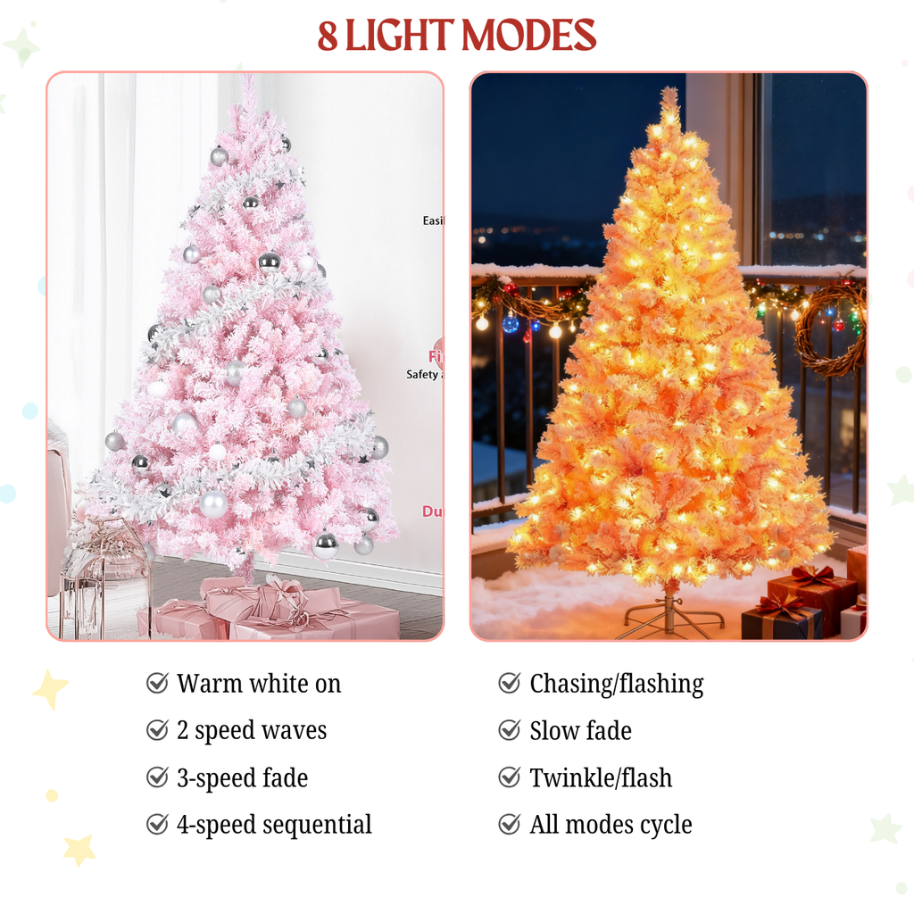 Legooin 6FT Pink Snow Flocked Artificial Christmas Tree, 800 PVC Branch Tips + 300 Warm White Lights, Unique Pink Christmas Decor
