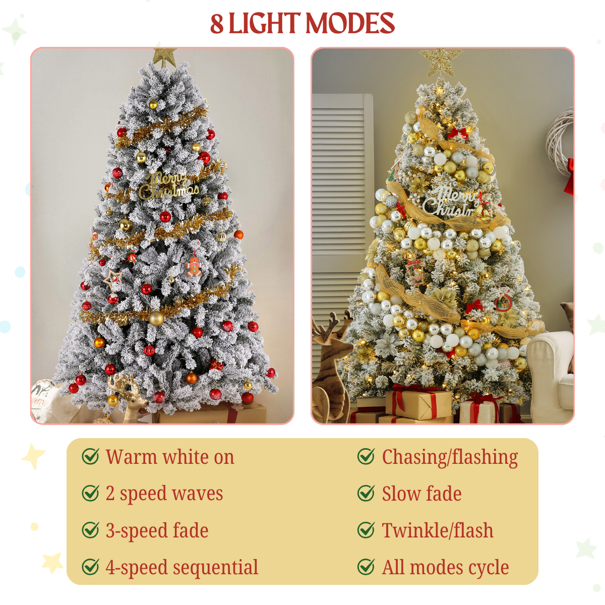 Legooin 6FT Snow Flocked Prelit Christmas Tree with 800 PVC Tips+300 Warm White LED Lights, Hinged Artificial Xmas Tree, Green