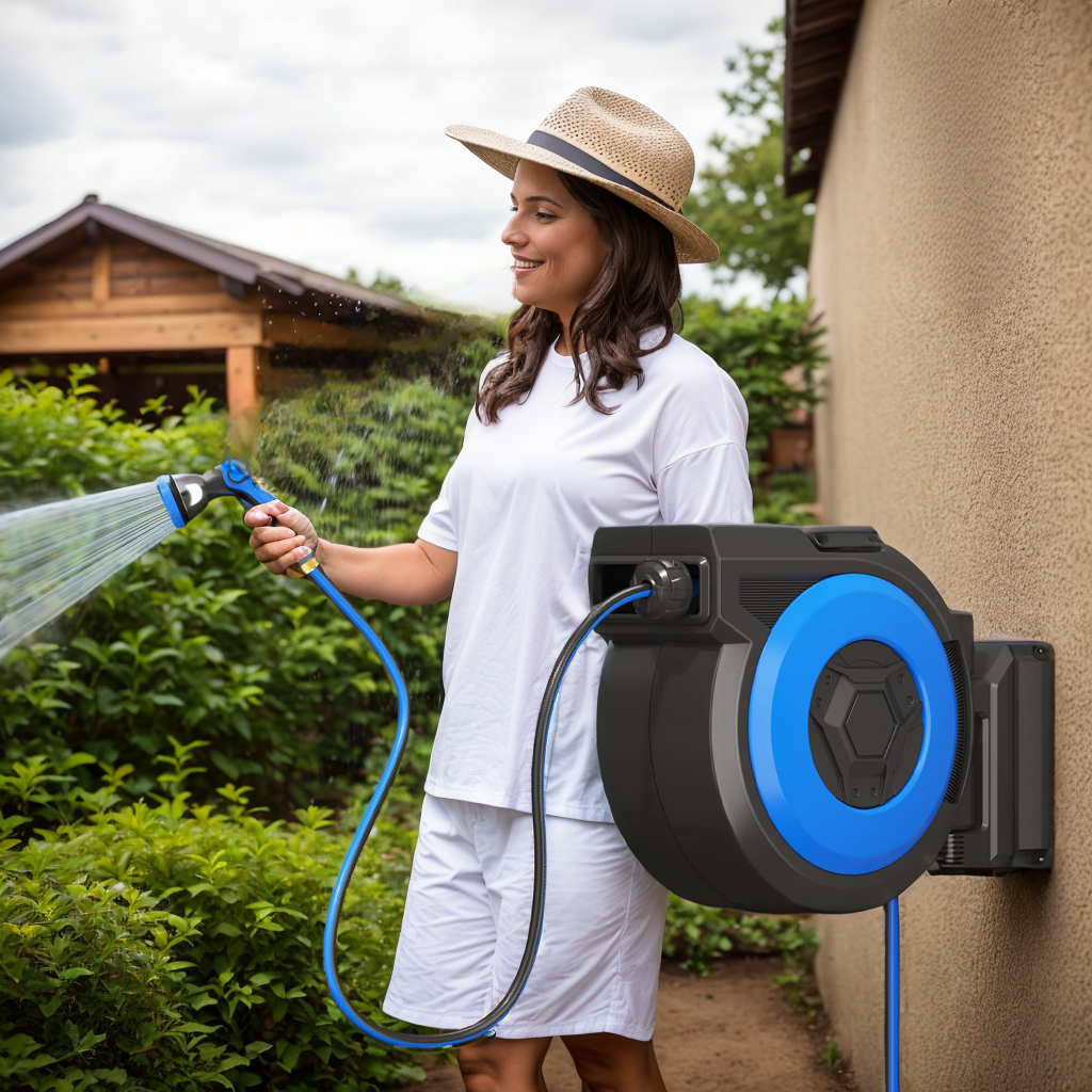 Legooin 82ft x 5/8 in Retractable Hose Reel, Wall Mount Garden Hose Reel for Outdoor Water Hose with 10-Pattern Sprayer Nozzle, Auto Rewind, Length Lock, 180° Swivel