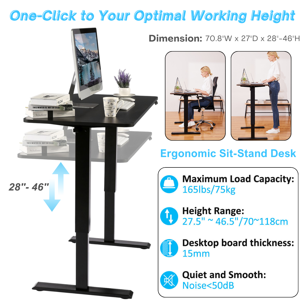 Legooin 70"W Electric Standing Desk with Wheels Computer Desk with Power Strip Mobile Workstation Height Adjustable 28"-46" for Office Home, Black