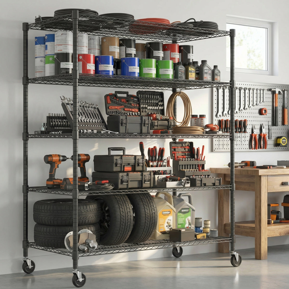 Legooin 5-Tier Heavy Duty Storage Rack with Wheels Industrial Shelving Unit Wire Shelf for Garage Warehouse Pantry, 48"W x 24"D x 82"H, Black