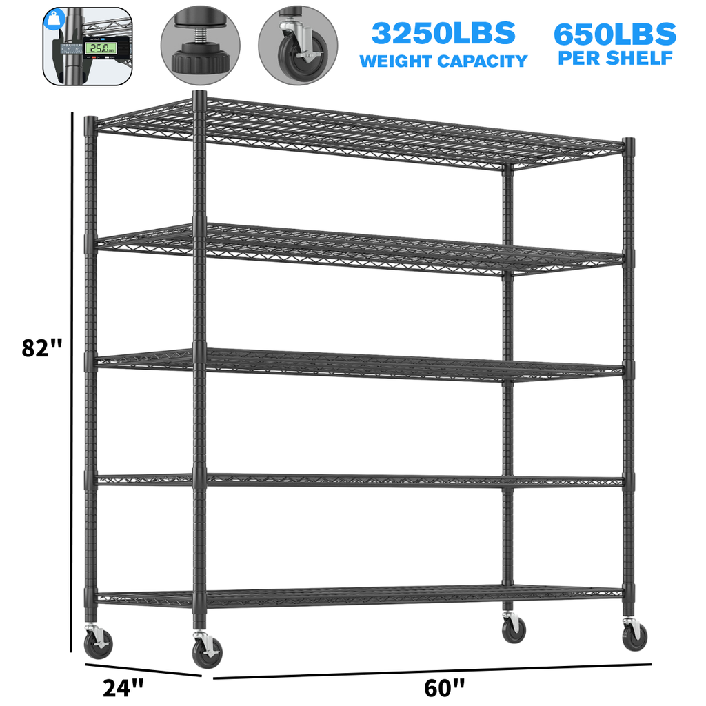 Legooin 60"W x 24"D x 82"H Wire Shelving Unit Heavy Duty Industrial Shelf for Garage Storage Metal Storage Rack for Warehouse Capacity 3250 lbs, Black