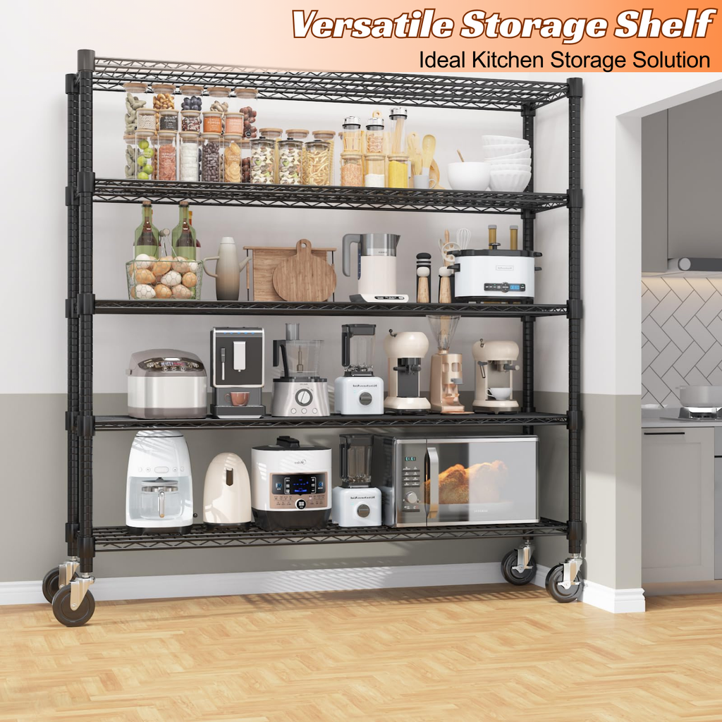 Legooin 5-Tier Heavy Duty Garage Storage Rack Rolling Shelving Unit with Wheels 18x60x82 inch Industrial Wire Shelves, Black