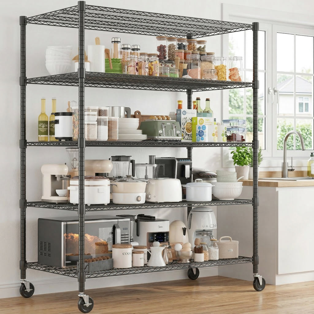 Legooin 5-Tier Heavy Duty Storage Rack with Wheels Industrial Shelving Unit Wire Shelf for Garage Warehouse Pantry, 48"W x 24"D x 82"H, Black