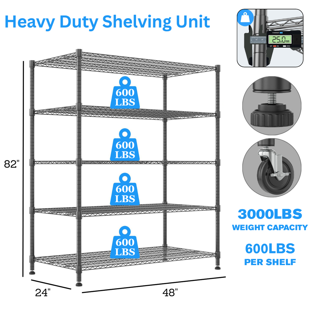 Legooin 5-Tier Heavy Duty Storage Rack with Wheels Industrial Shelving Unit Wire Shelf for Garage Warehouse Pantry, 48"W x 24"D x 82"H, Black