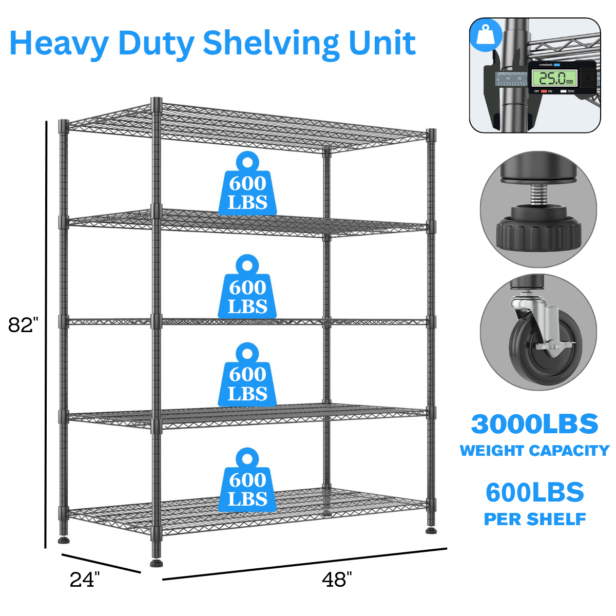 Legooin 5-Tier Heavy Duty Storage Rack with Wheels Industrial Shelving Unit Wire Shelf for Garage Warehouse Pantry, 48"W x 24"D x 82"H, Black