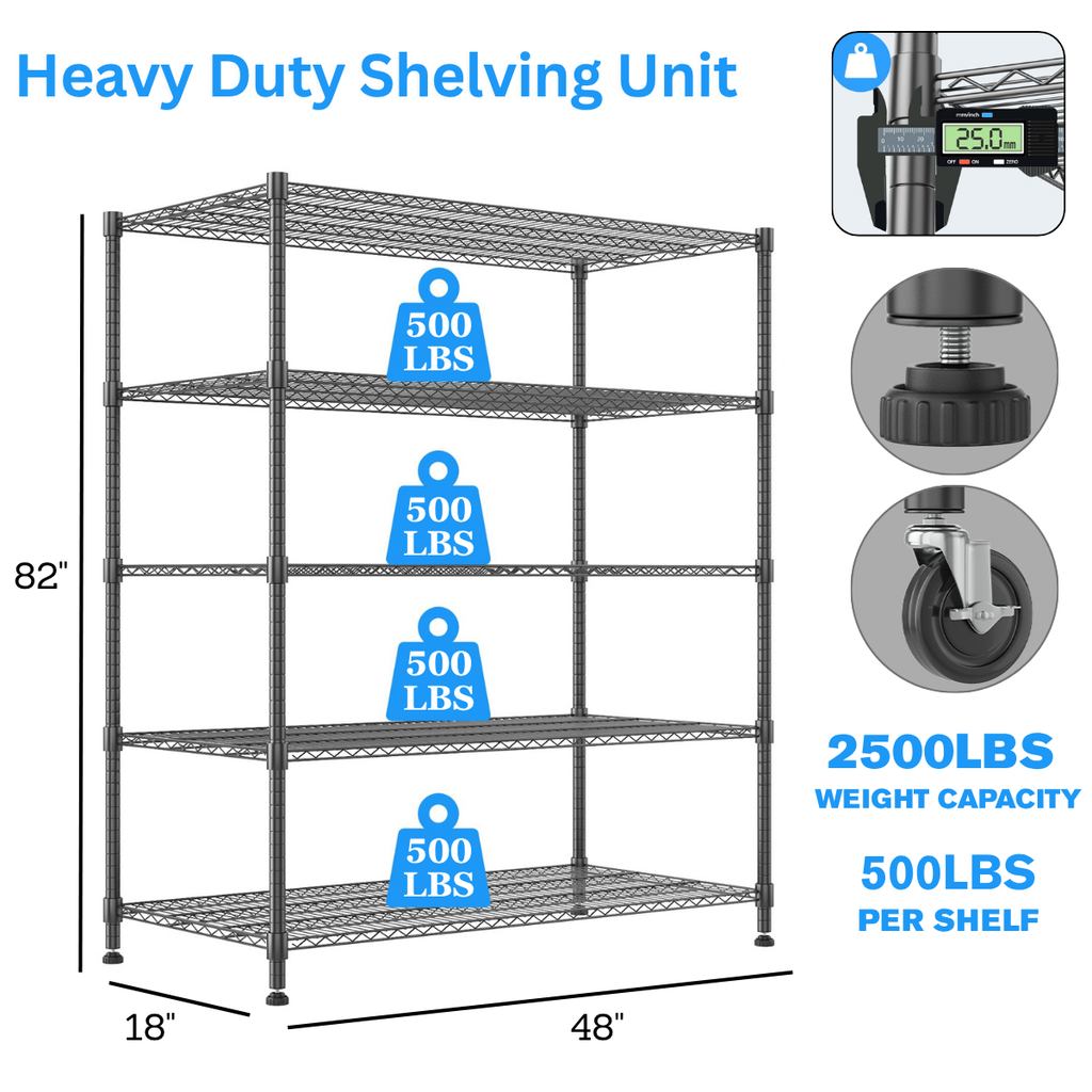 Legooin 18x48x82 inch Heavy Duty Wire Shelving Unit Industrial Residential Stainless Steel Shelf Storage Rack for Garage Pantry, Black