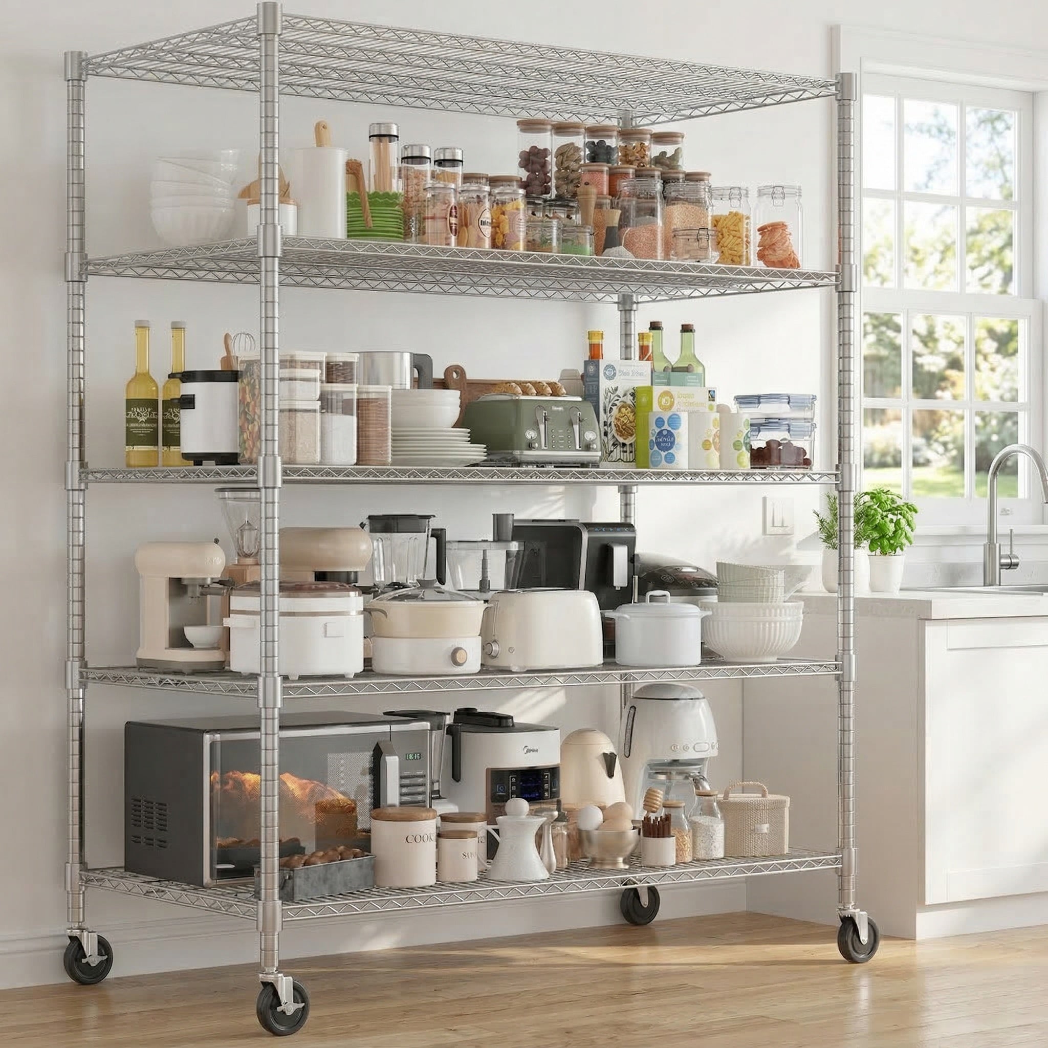 Legooin 24x48x82 inch Heavy Duty Garage Shelf Storage Rack with Wheels Metal Shelving Unit Organizer Rack for Residential and Industrial Use, Silver