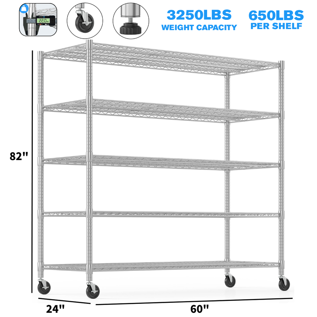 Legooin 24x60x82 inch Garage Shelving Unit 5-Tier Storage Rack Metal Rack Wire Shelf for Industrial Residential Use 3250 lbs Load Capacity, Silver