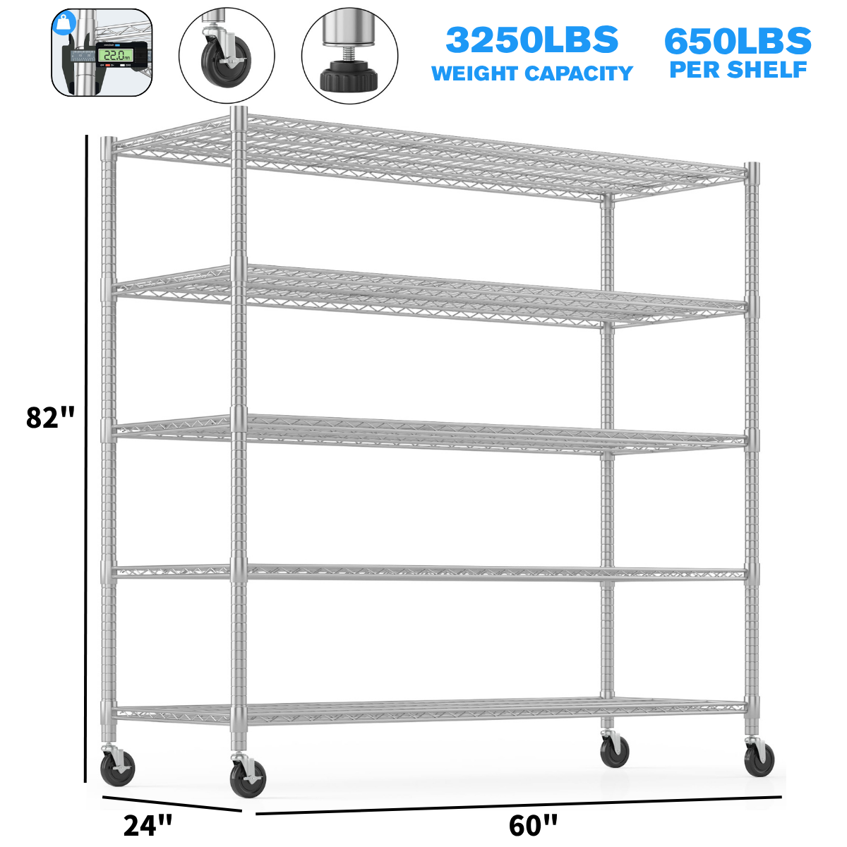 Legooin 24x60x82 inch Garage Shelving Unit 5-Tier Storage Rack Metal Rack Wire Shelf for Industrial Residential Use 3250 lbs Load Capacity, Silver