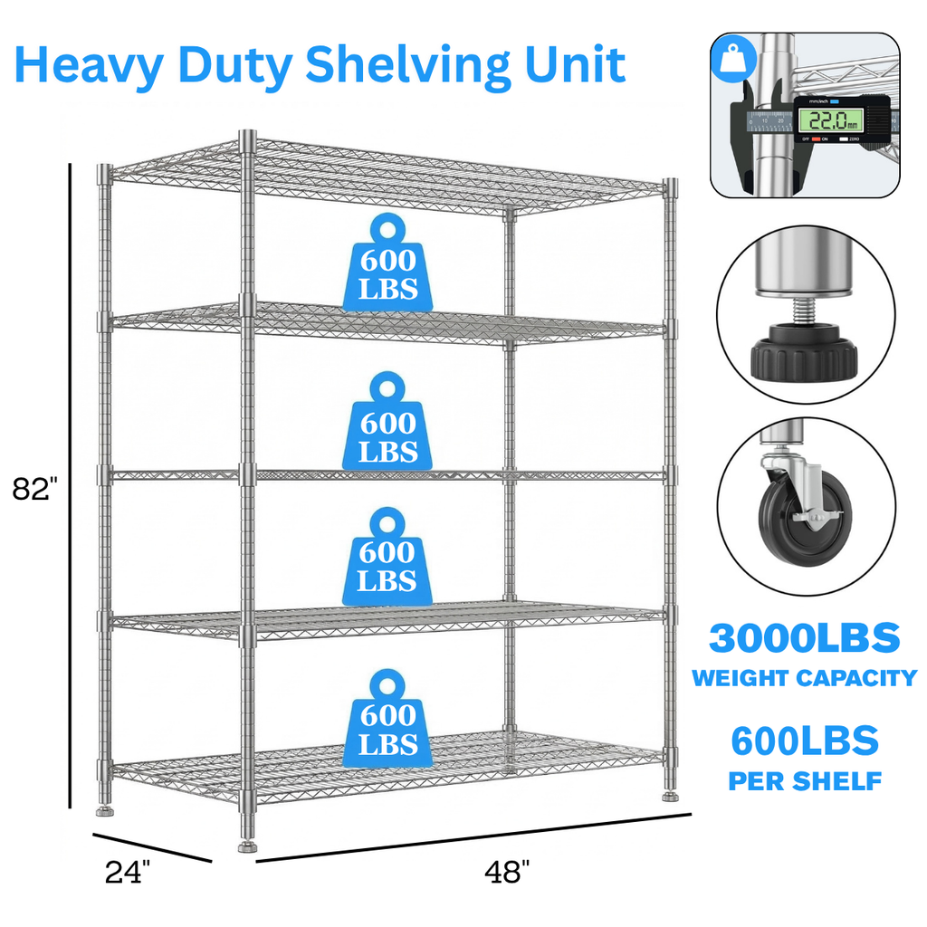 Legooin 24x48x82 inch Heavy Duty Garage Shelf Storage Rack with Wheels Metal Shelving Unit Organizer Rack for Residential and Industrial Use, Silver