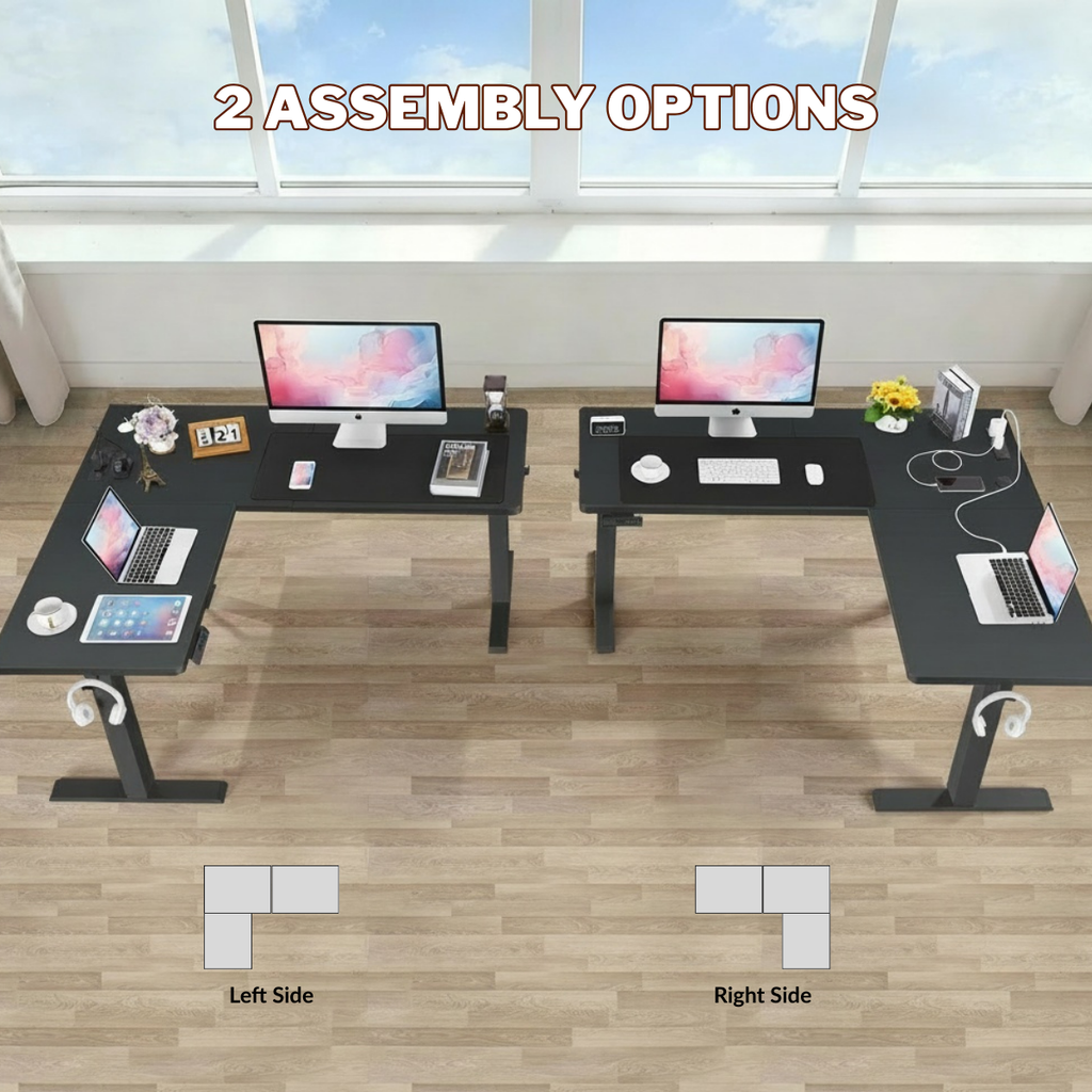 Legooin 63x55 inch L-Shaped Standing Desk with Power Strip, Height Adjustable Computer Desk for Multi-Device Setup, with Headphone Hook and Cable Management, for Home Office Dorm, Black