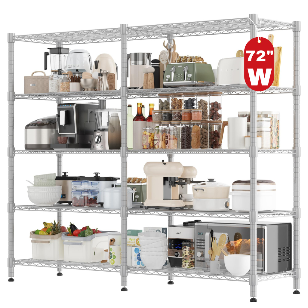 Legooin 5-Tier Extra-Wide Metal Garage Shelving Unit Industrial Rack Height Adjustable Storage Shelf for Pantry Balcony Basement 72"W x 18"D x 72"H, Silver