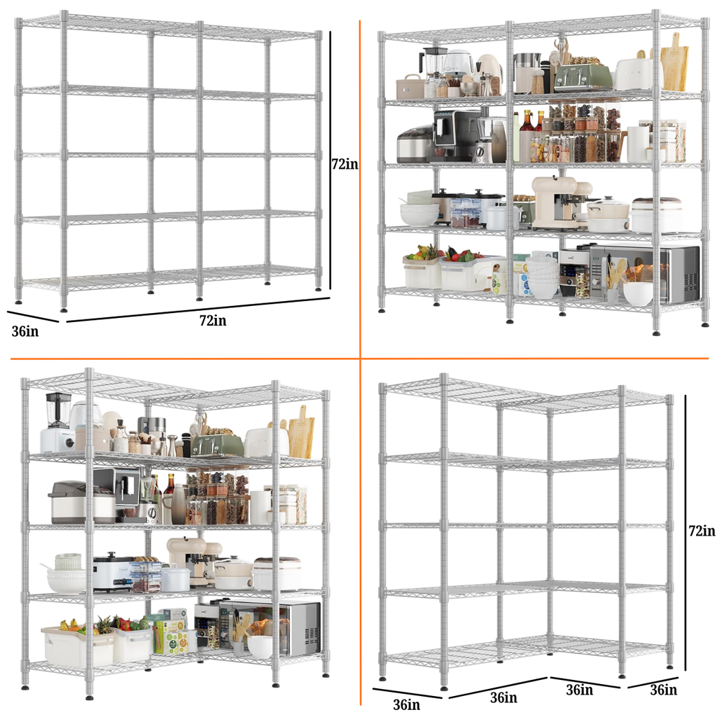 Legooin 5-Tier Extra-Wide Metal Garage Shelving Unit Industrial Rack Height Adjustable Storage Shelf for Pantry Balcony Basement 72"W x 18"D x 72"H, Silver
