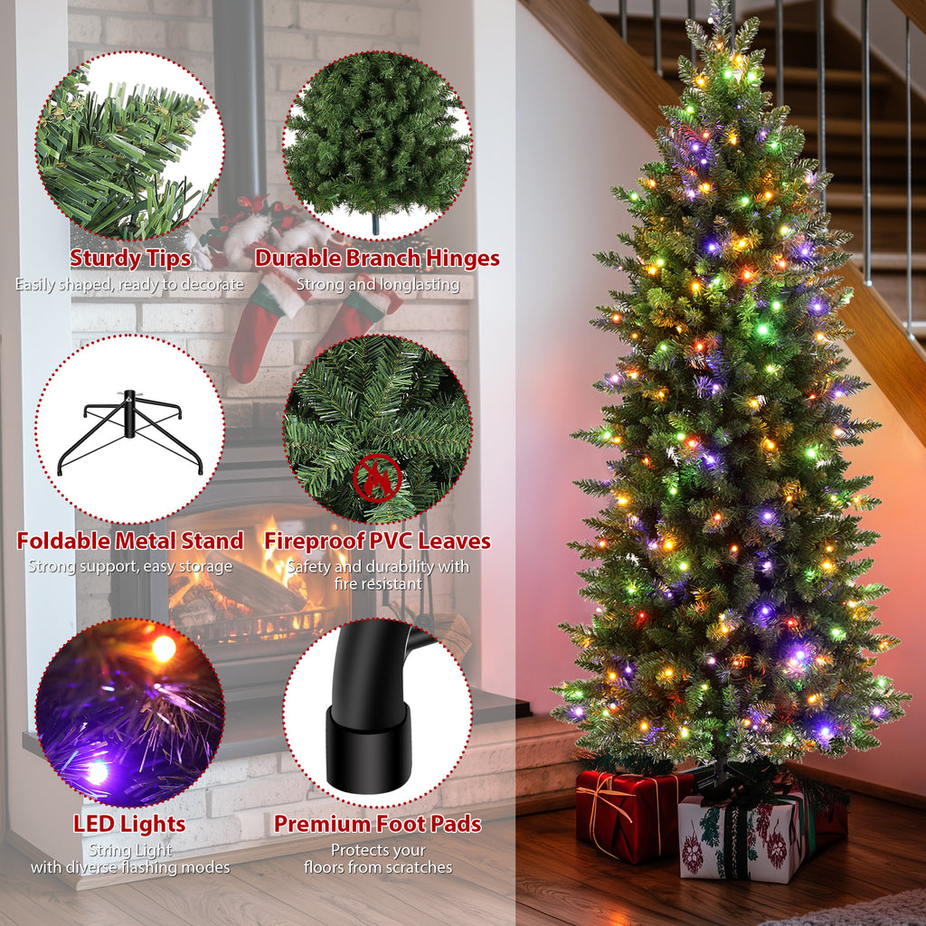 Legooin 6ft Pre-lit Slim Christmas Tree Skinny Hinged Artificial Xmas Tree with 250 Color-Changing Lights+957 Branch Tips