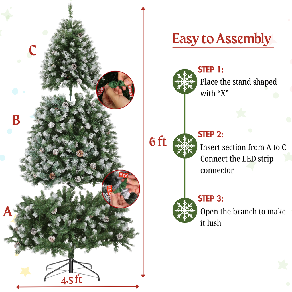 Legooin 6FT Pre-lit Christmas Tree with Pine Cones, 800 PVC Branch Tips + 300 Warm White Lights, for Christmas Holiday Halloween Decor