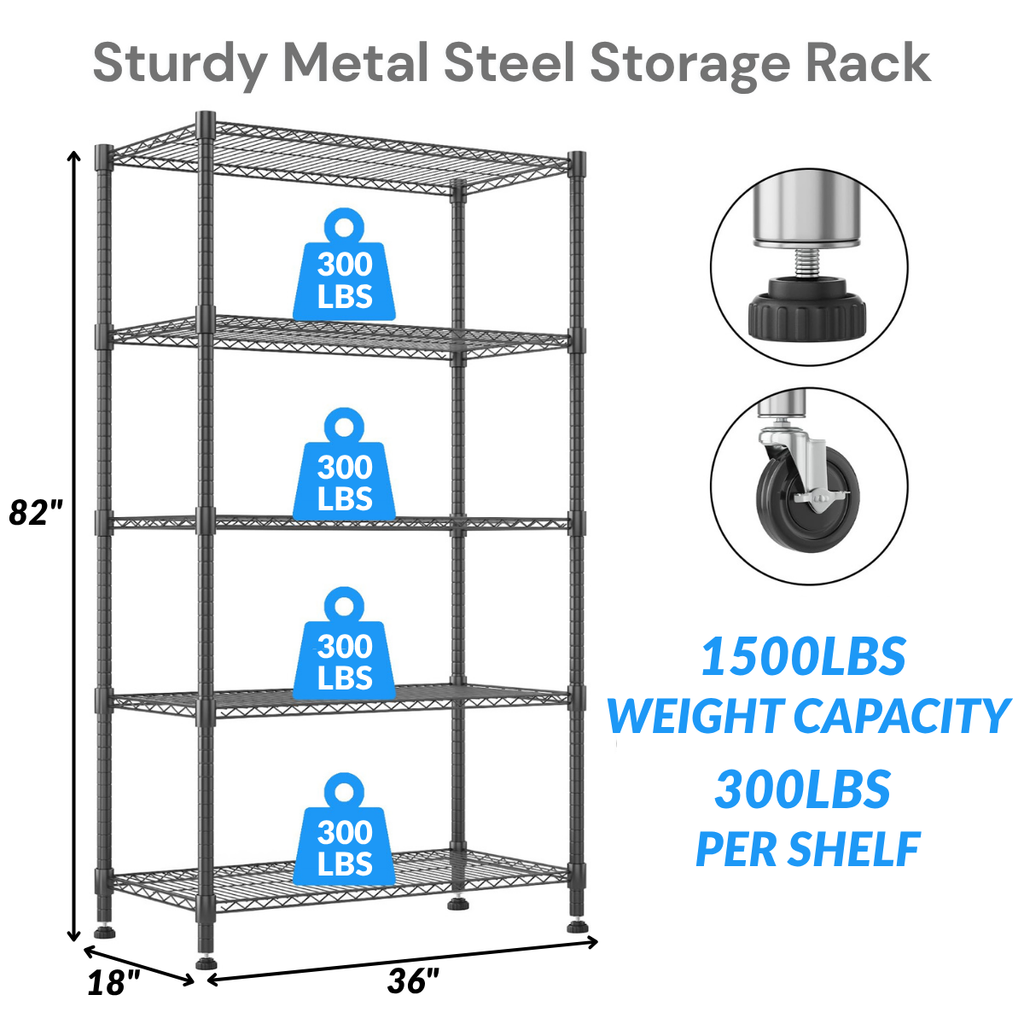 Legooin 36"W x 18"D x 82"H Heavy Duty Storage Shelf Garage Rack with Wheels Adjustable Shelving Unit for Residential Industrial Use, Black