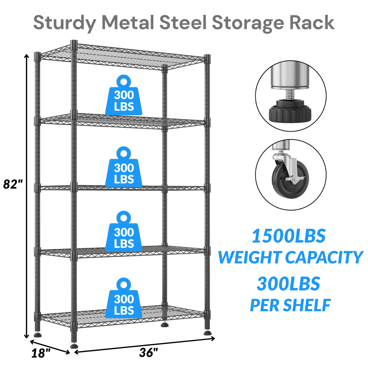 Legooin 36"W x 18"D x 82"H Heavy Duty Storage Shelf Garage Rack with Wheels Adjustable Shelving Unit for Residential Industrial Use, Black