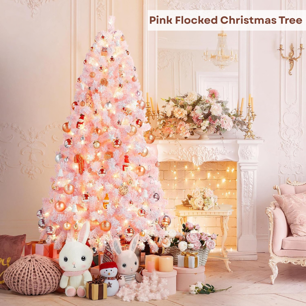 Legooin 6FT Pink Snow Flocked Artificial Christmas Tree, 800 PVC Branch Tips + 300 Warm White Lights, Unique Pink Christmas Decor