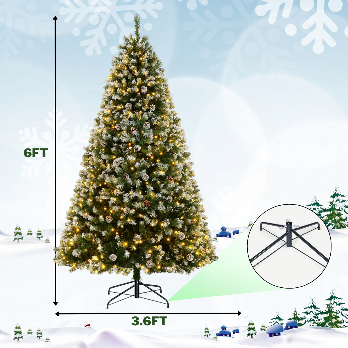 Legooin 6FT Pre-Lit Christmas Tree with Warm-color Lights, Realistic Flocked Xmas Tree with Pinecone Decorations, for Christmas Holiday Decor, Green