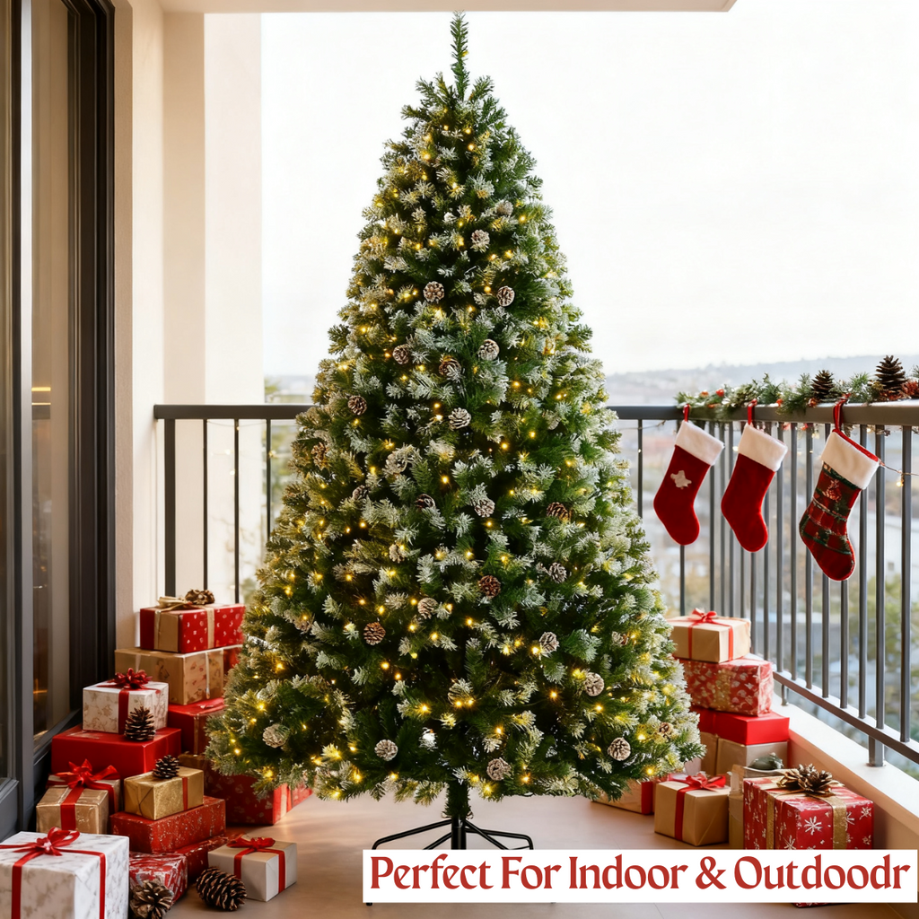 Legooin 7.5FT Pre-lit Christmas Tree with Pine Cones, 1346 PVC Branch Tips+550 Warm White Lights, Hinged Artificial Tree for Christmas Decor