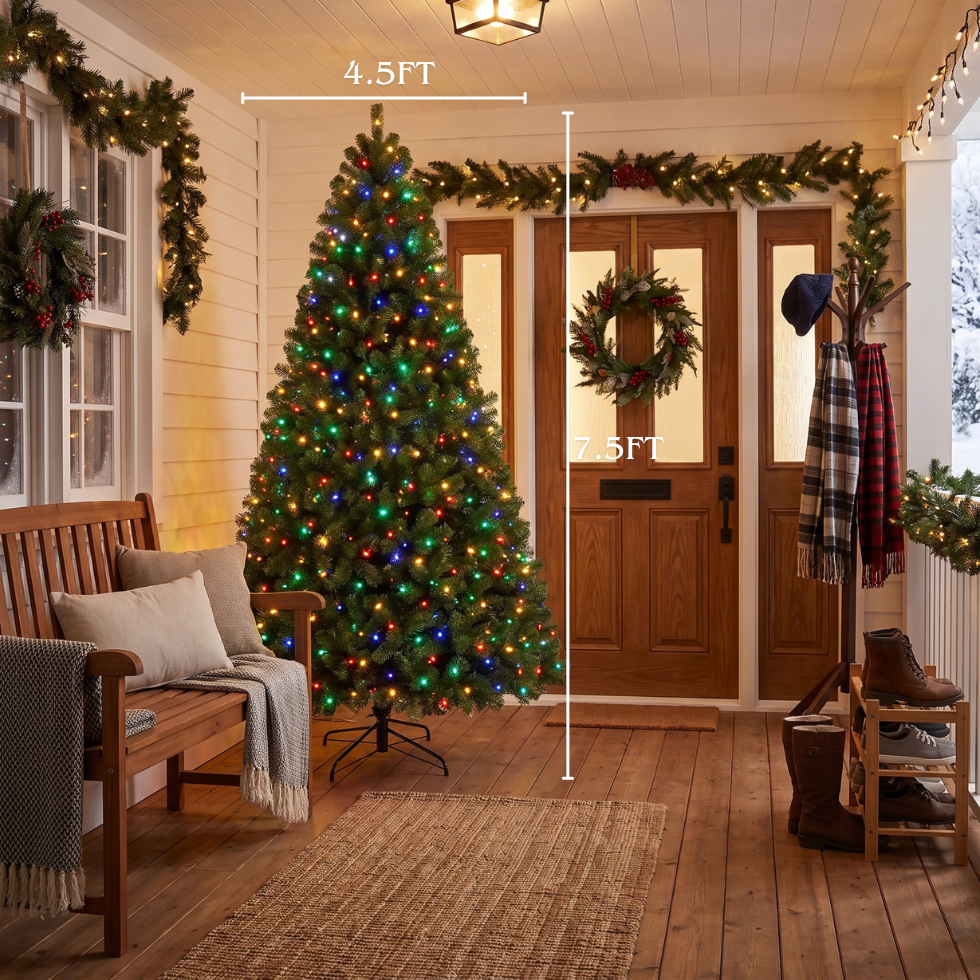 Legooin 7.5FT Pre-Lit Artificial Christmas Tree 1300 PVC Branch Tips 400 Multicolor LED Lights Full Xmas Tree for Home Office Holiday Party Decoration, Green