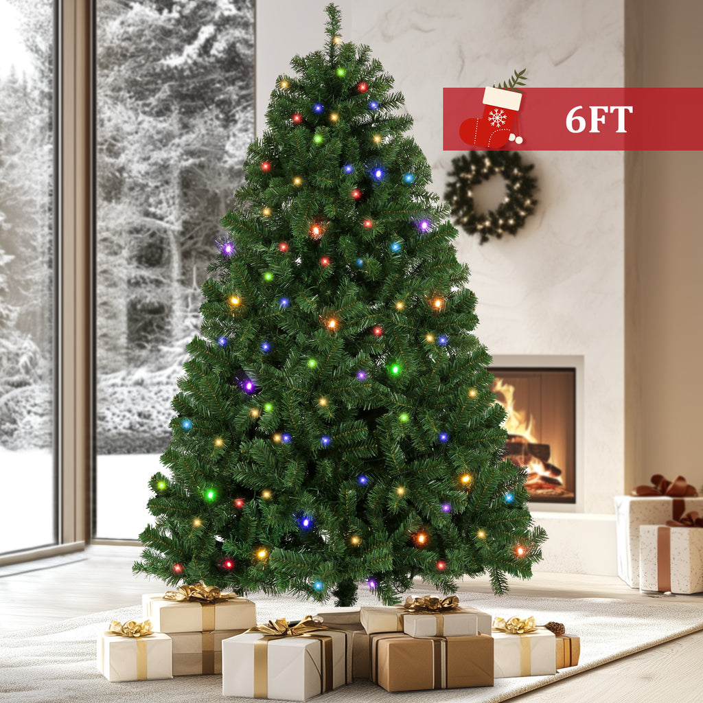 Legooin 6FT Pre-lit Artificial Christmas Tree Hinged Xmas Tree with 800 Branch Tips + 300 Colored Lights, 8 Lighting Modes, Metal Stand, Green
