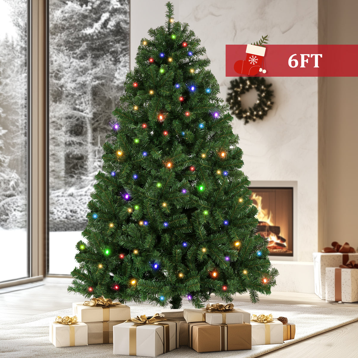 Legooin 6FT Pre-lit Artificial Christmas Tree Hinged Xmas Tree with 800 Branch Tips + 300 Colored Lights, 8 Lighting Modes, Metal Stand, Green