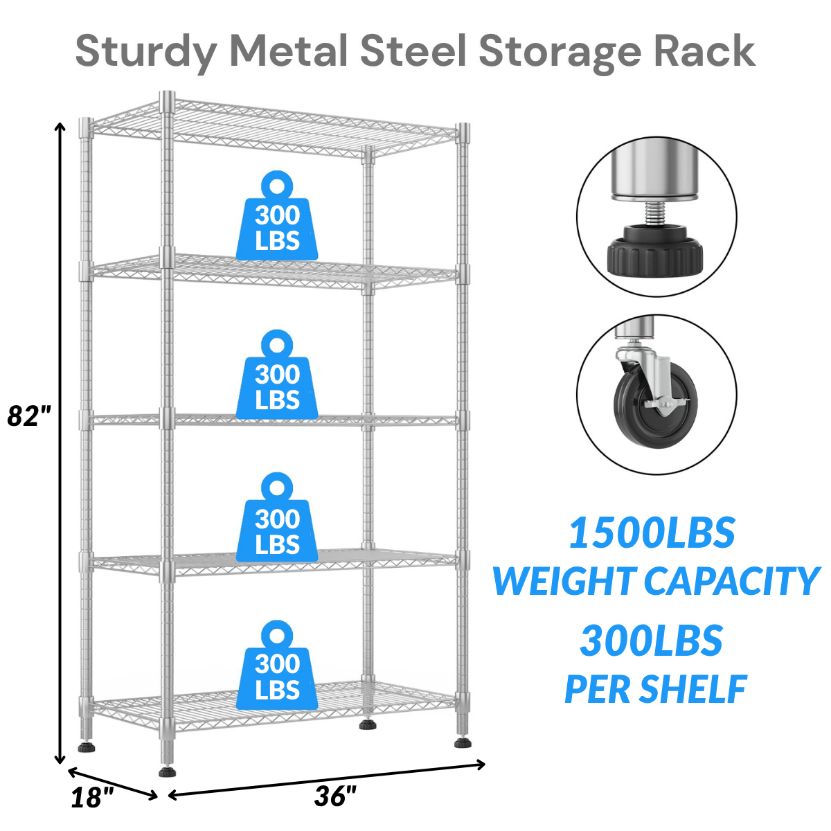 Legooin 18x36x82 inch Metal Wire Shelving Unit 5-Tier Storage Rack with Wheels Utility Shelf for Home Industrial Storage 2000lbs Load Capacity, Silver