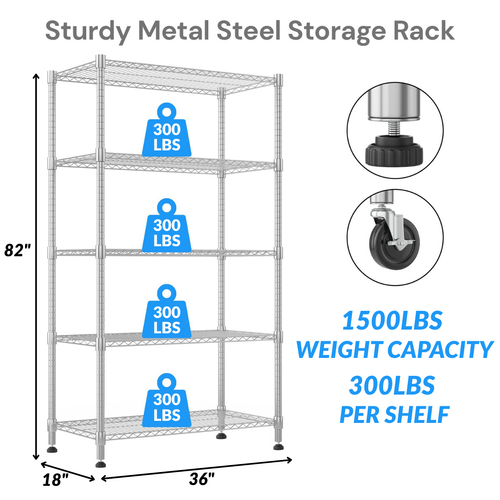 Legooin 18x36x82 inch Metal Wire Shelving Unit 5-Tier Storage Rack with Wheels Utility Shelf for Home Industrial Storage 2000lbs Load Capacity, Silver