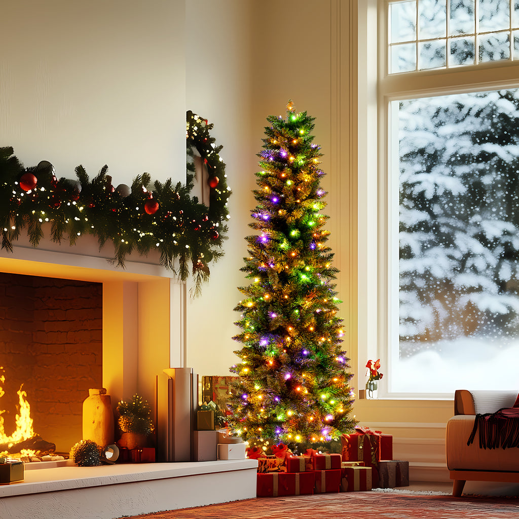 Legooin 7.5FT Pre-Lit Pencil Christmas Tree with 350 Multicolor LED Lights, 980 PVC Branch Tips, Slim Artificial Christmas Tree, Green