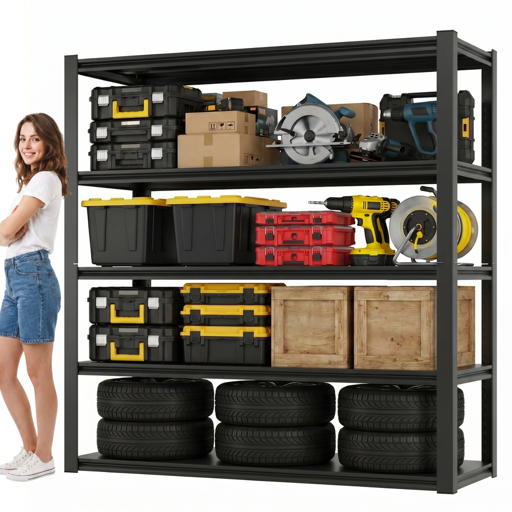 Legooin 48"W x 24"D x 72"H Metal Shelving Heavy Duty Garage Storage Rack Height Adjustable Industrial Shelf Residential Storage Warehouse Storage Unit, Black