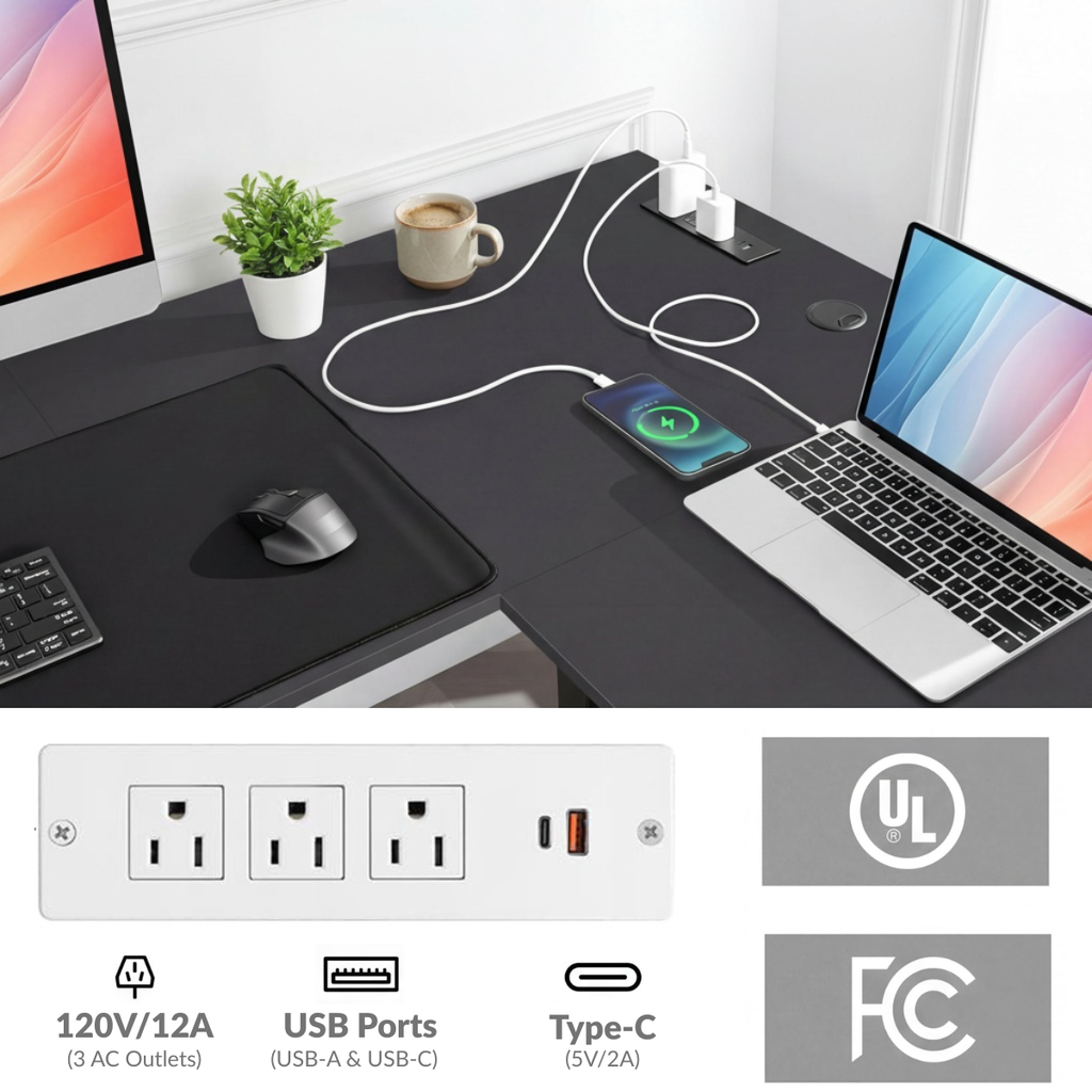 Legooin 63x55 inch L-Shaped Standing Desk with Power Strip, Height Adjustable Computer Desk for Multi-Device Setup, with Headphone Hook and Cable Management, for Home Office Dorm, Black