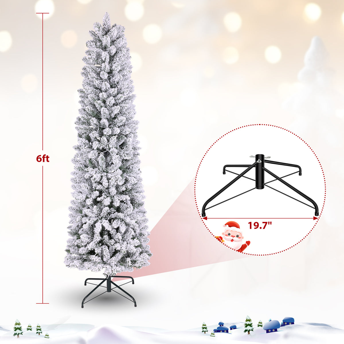 Legooin 6FT Slim Flocked Christmas Tree with 250 Warm White Lights, 500 PVC Branch Tips, Hinged Artificial Tree for Christmas Decor