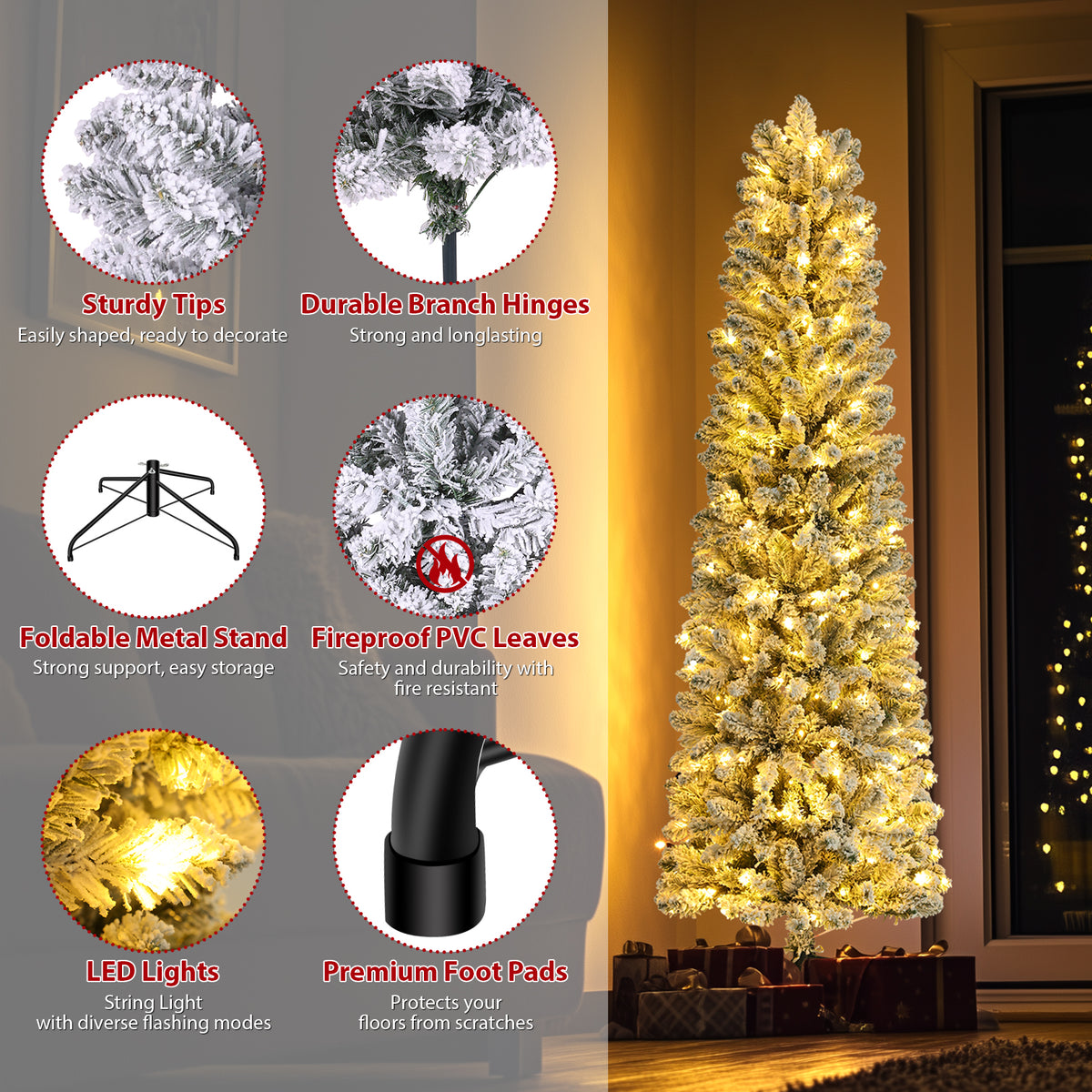 Legooin 6FT Slim Flocked Christmas Tree with 250 Warm White Lights, 500 PVC Branch Tips, Hinged Artificial Tree for Christmas Decor