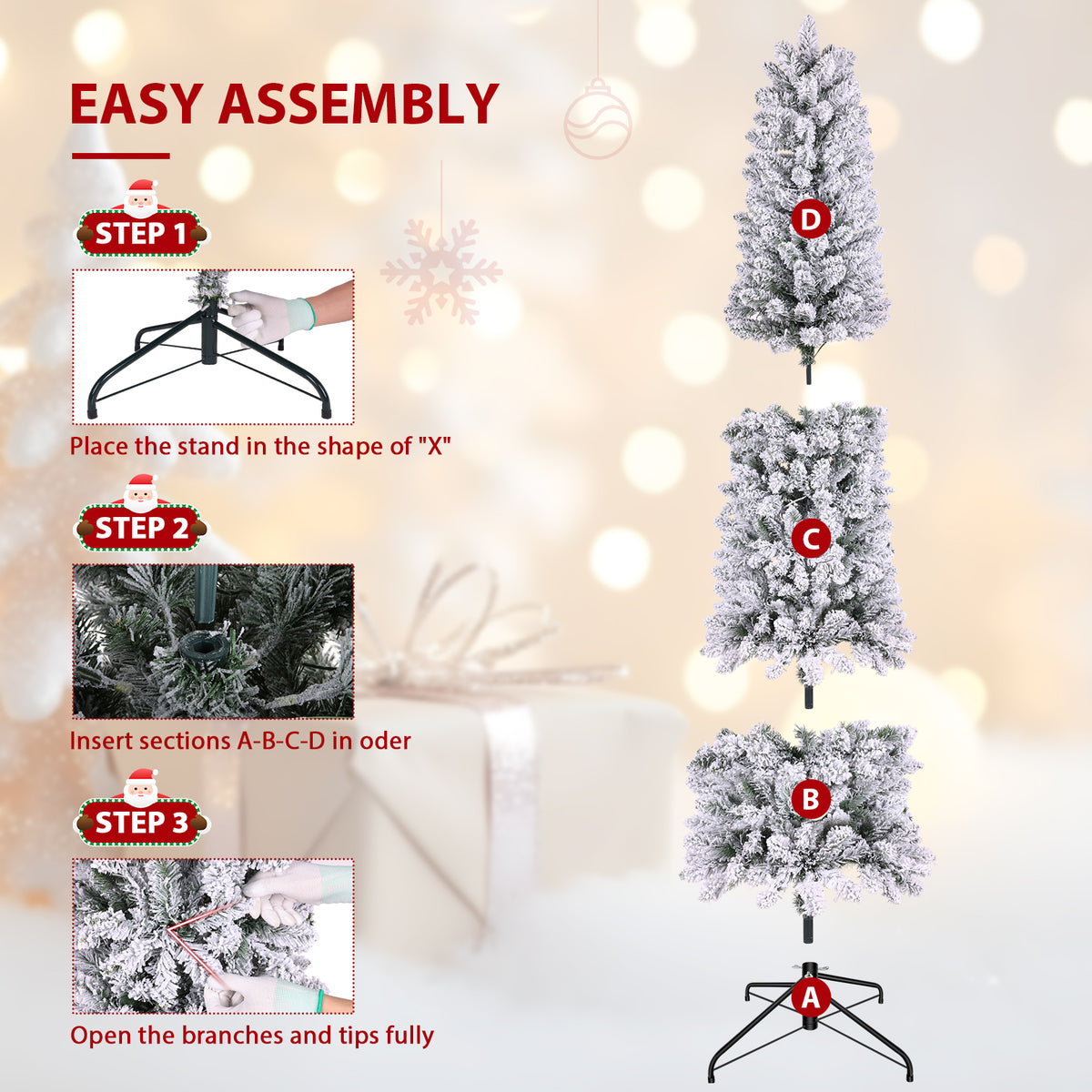 Legooin 6FT Slim Flocked Christmas Tree with 250 Warm White Lights, 500 PVC Branch Tips, Hinged Artificial Tree for Christmas Decor