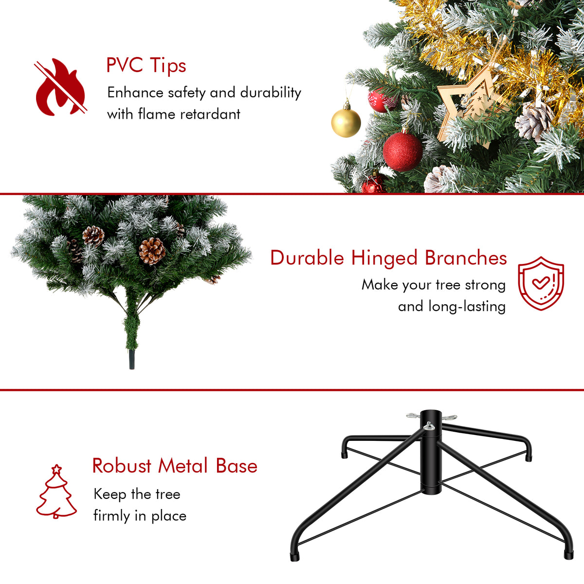 Legooin 7.5FT Pre-lit Christmas Tree with Pine Cones, 1346 PVC Branch Tips+550 Warm White Lights, Hinged Artificial Tree for Christmas Decor