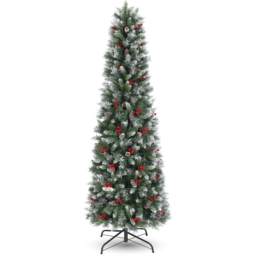 Legooin 6FT Pre-Lit Artificial Christmas Tree, 250 Color-Changing LED Lights, Slim Pencil Christmas Tree with Pine Cones, Green Spruce