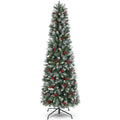 Legooin 6FT Pre-Lit Artificial Christmas Tree, 250 Color-Changing LED Lights, Slim Pencil Christmas Tree with Pine Cones, Green Spruce