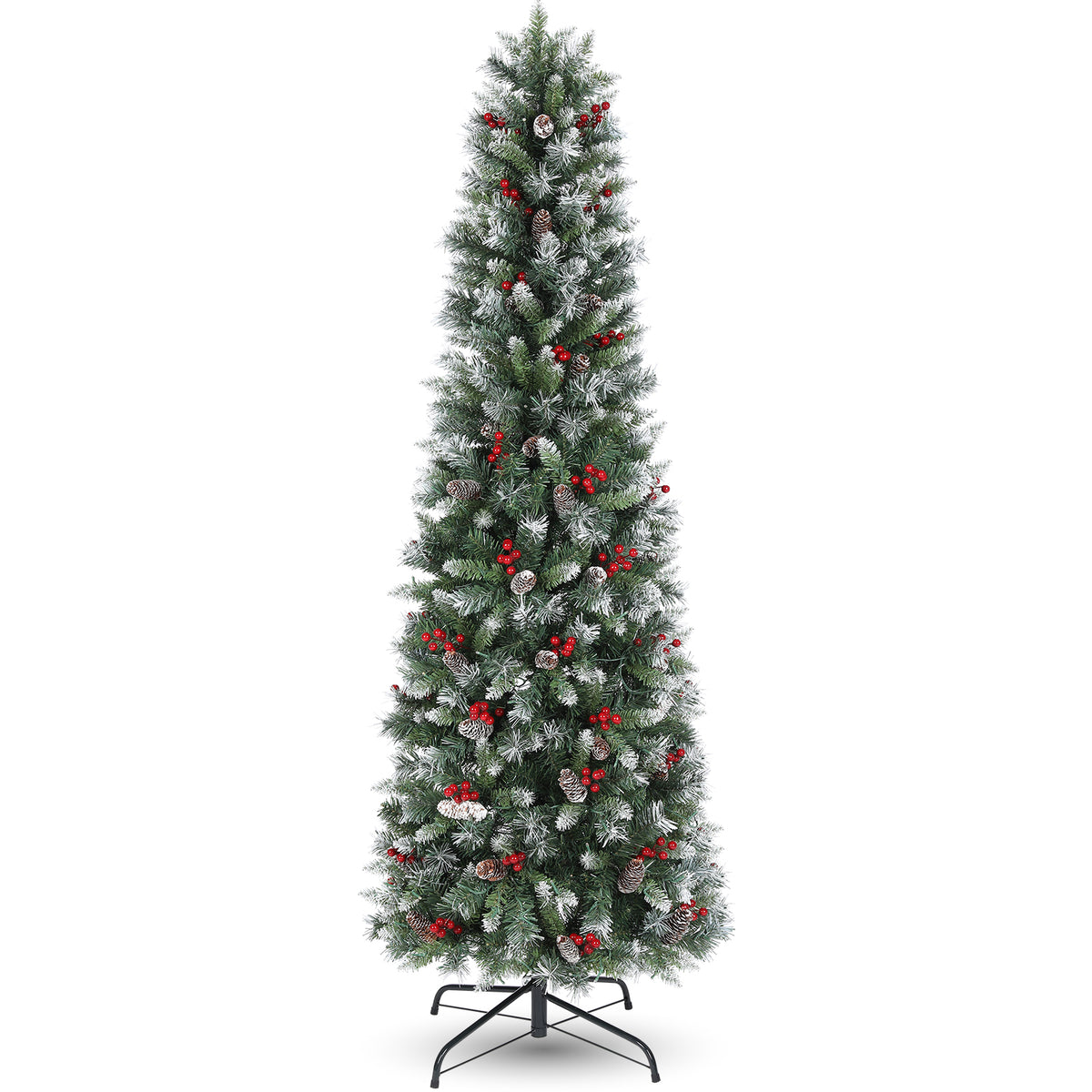 Legooin 6FT Pre-Lit Artificial Christmas Tree, 250 Color-Changing LED Lights, Slim Pencil Christmas Tree with Pine Cones, Green Spruce