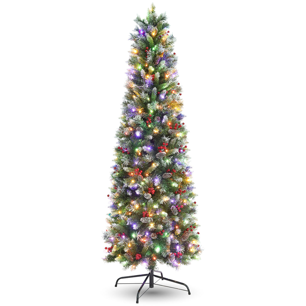 Legooin 6FT Pre-Lit Artificial Christmas Tree, 250 Color-Changing LED Lights, Slim Pencil Christmas Tree with Pine Cones, Green Spruce