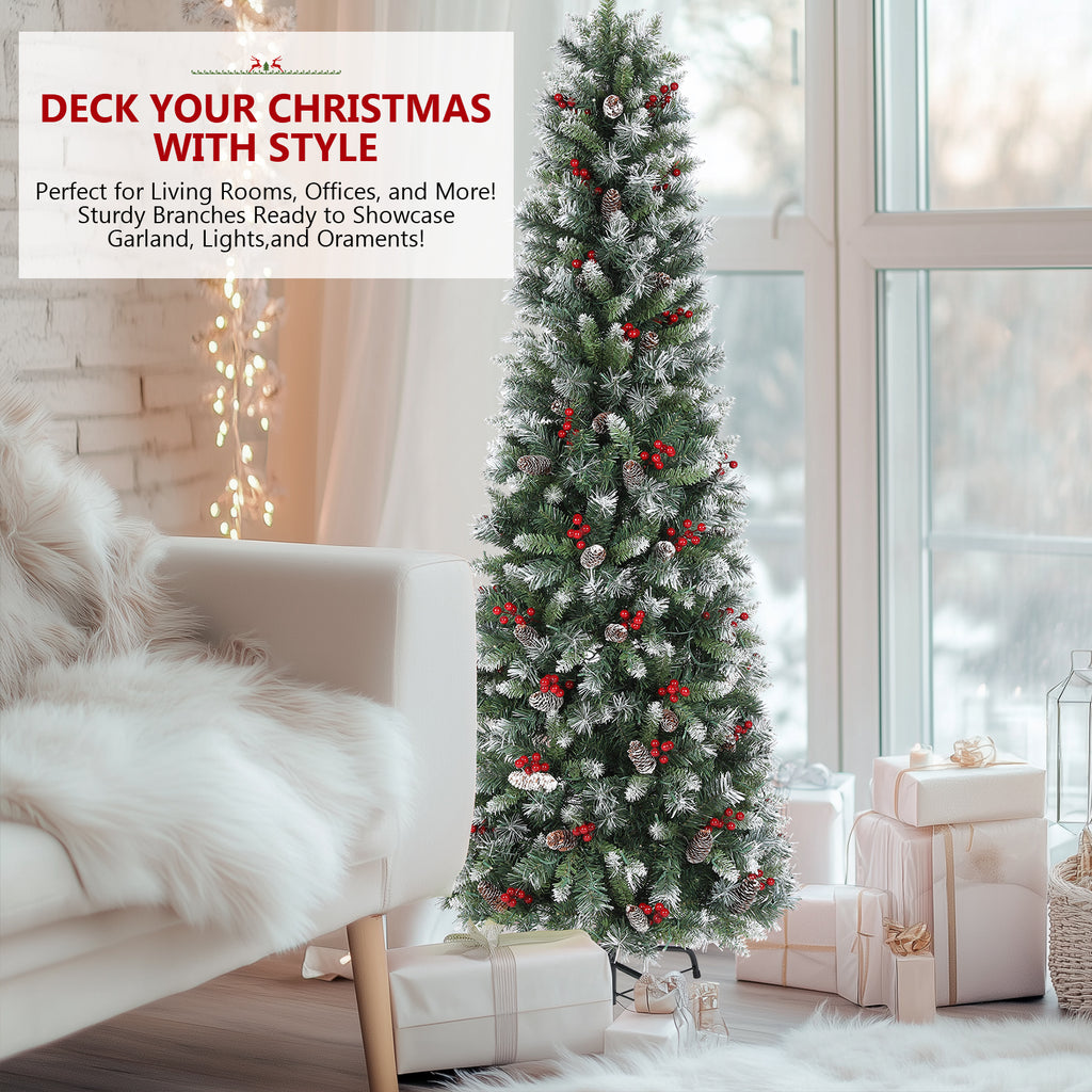 Legooin 6FT Pre-Lit Artificial Christmas Tree, 250 Color-Changing LED Lights, Slim Pencil Christmas Tree with Pine Cones, Green Spruce