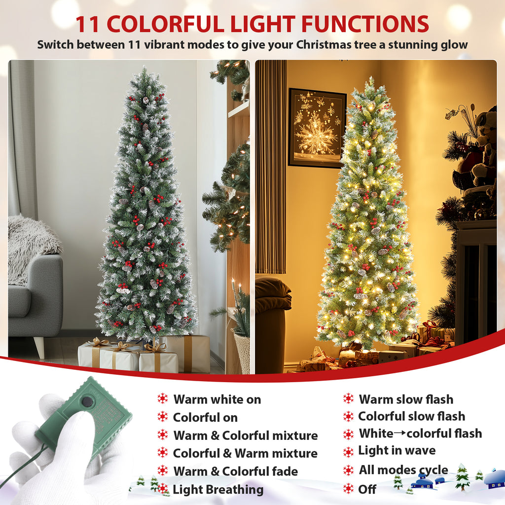 Legooin 6FT Pre-Lit Artificial Christmas Tree, 250 Color-Changing LED Lights, Slim Pencil Christmas Tree with Pine Cones, Green Spruce