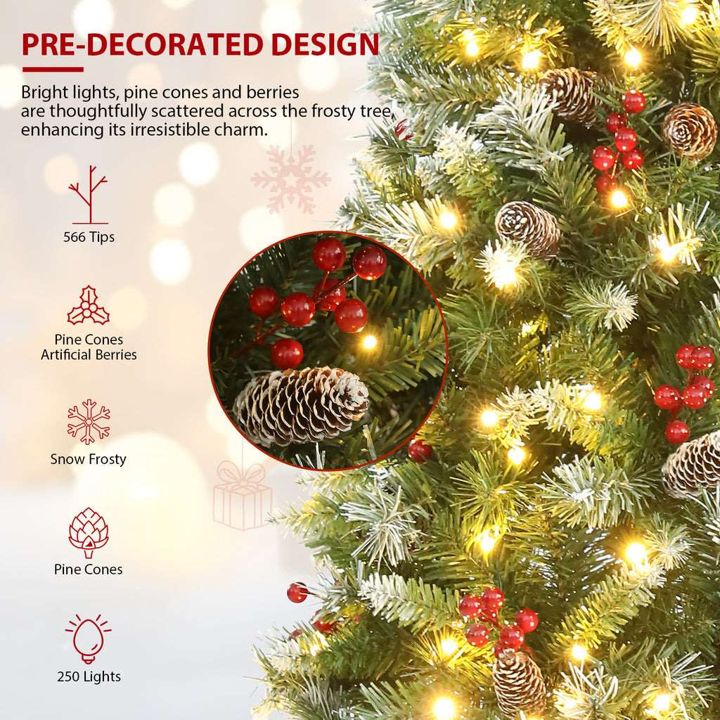 Legooin 6FT Pre-Lit Artificial Christmas Tree, 250 Color-Changing LED Lights, Slim Pencil Christmas Tree with Pine Cones, Green Spruce