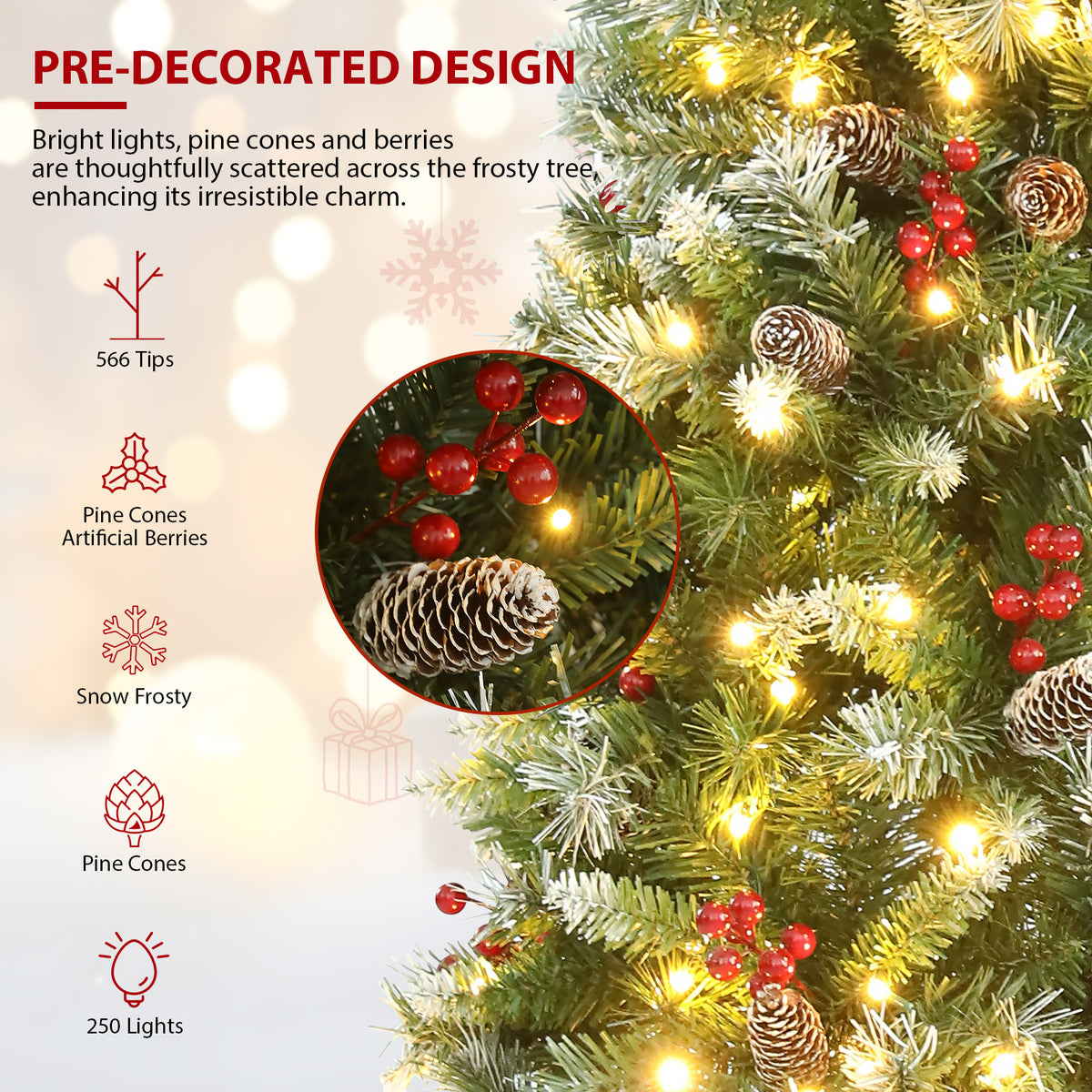 Legooin 6FT Pre-Lit Artificial Christmas Tree, 250 Color-Changing LED Lights, Slim Pencil Christmas Tree with Pine Cones, Green Spruce