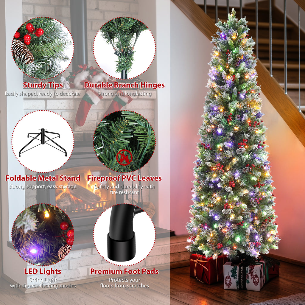 Legooin 6FT Pre-Lit Artificial Christmas Tree, 250 Color-Changing LED Lights, Slim Pencil Christmas Tree with Pine Cones, Green Spruce
