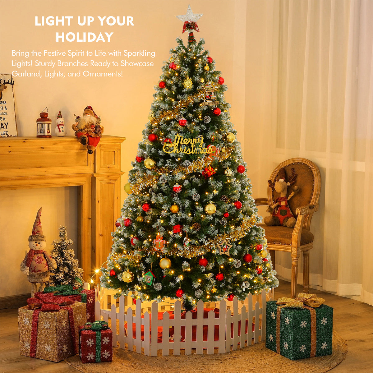 Legooin 7.5FT Pre-lit Christmas Tree with Pine Cones, 1346 PVC Branch Tips+550 Warm White Lights, Hinged Artificial Tree for Christmas Decor