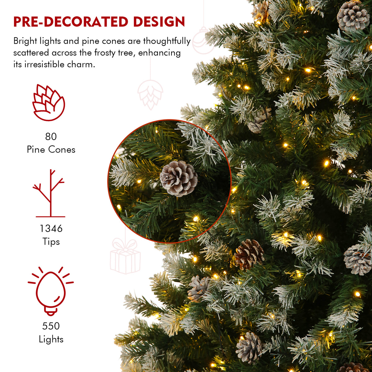 Legooin 7.5FT Pre-lit Christmas Tree with Pine Cones, 1346 PVC Branch Tips+550 Warm White Lights, Hinged Artificial Tree for Christmas Decor
